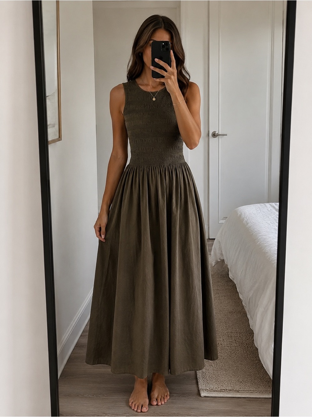 Rag & Bone Sleeveless Smocked Maxi Dress Olive Green Cotton Blend XS New